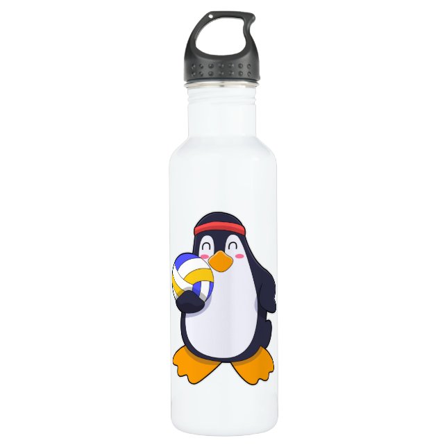 Penguin at Volleyball Sports Stainless Steel Water Bottle (Front)