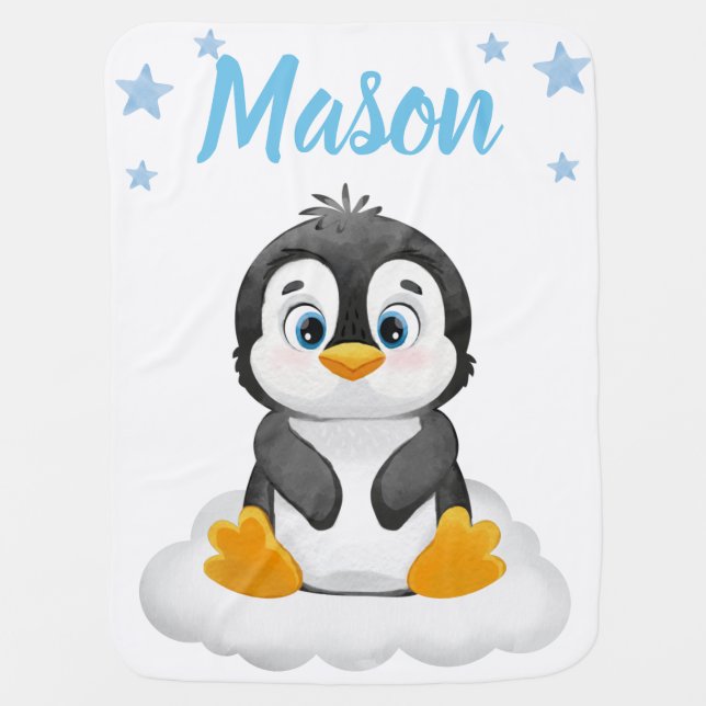 Penguin Baby Blankets Star Blue Name (Front)
