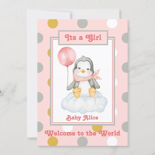 Penguin Baby Girl Pink Birth Announcement