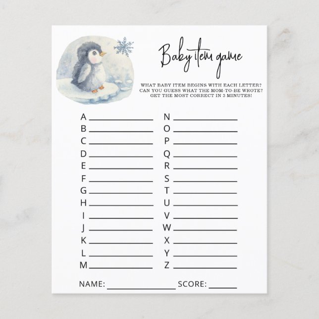 Penguin - Baby Item Game. Baby Shower Game (Front)