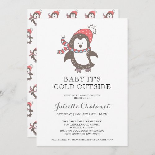 Penguin Baby Its Cold Outside Winter Baby Shower Invitation