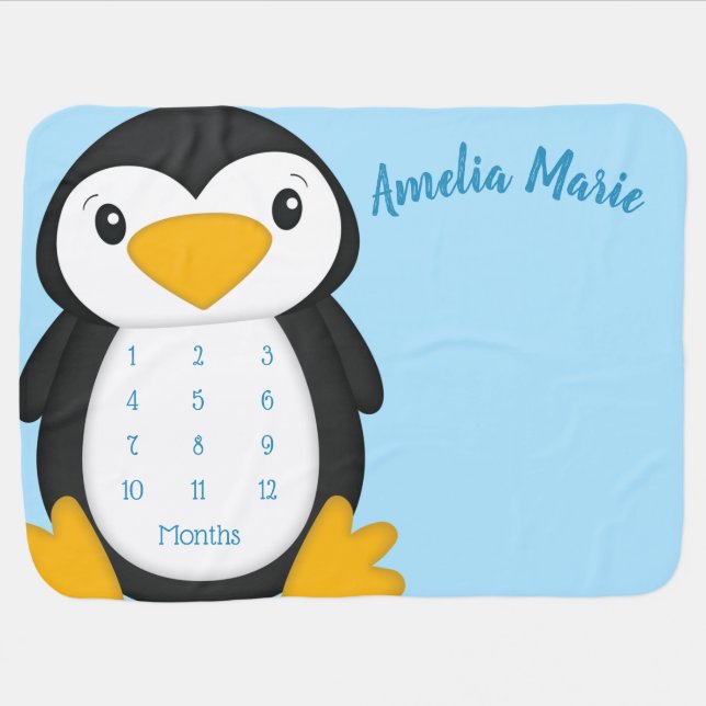 Penguin Baby Shower Blue Baby Blanket (Horizontal)