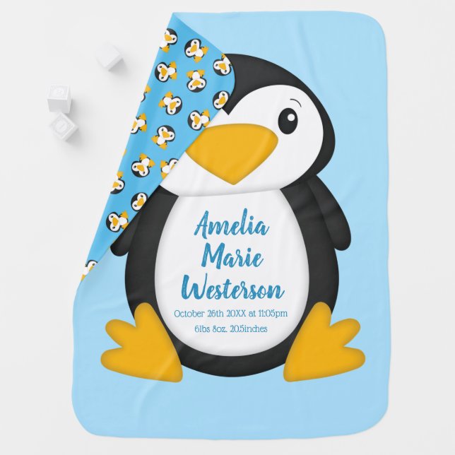Penguin Baby Shower Blue Blanket (In Situ)