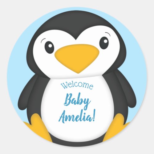 Penguin Baby Shower Blue Classic Round Sticker