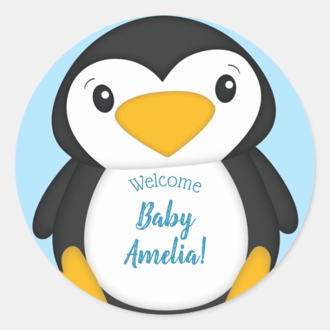 Penguin Baby Shower Blue Classic Round Sticker (Front)