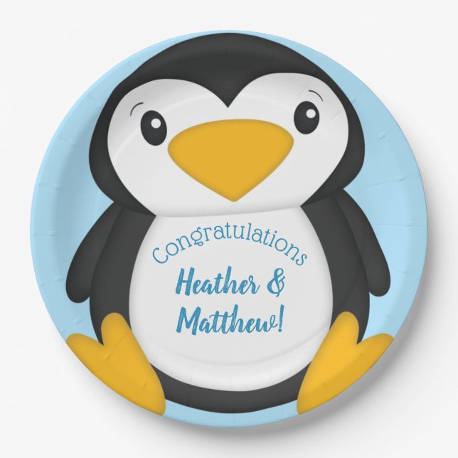 Penguin Baby Shower Blue Paper Plates (Front)