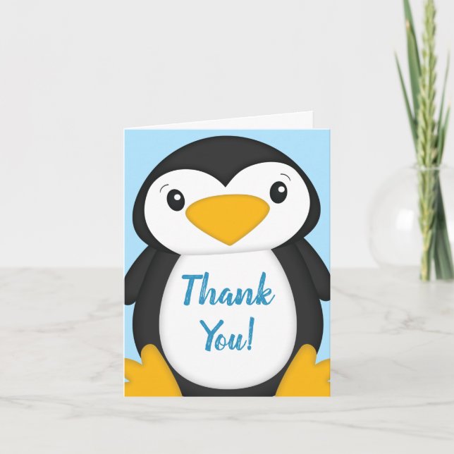 Penguin Baby Shower Blue Thank You Card (Front)