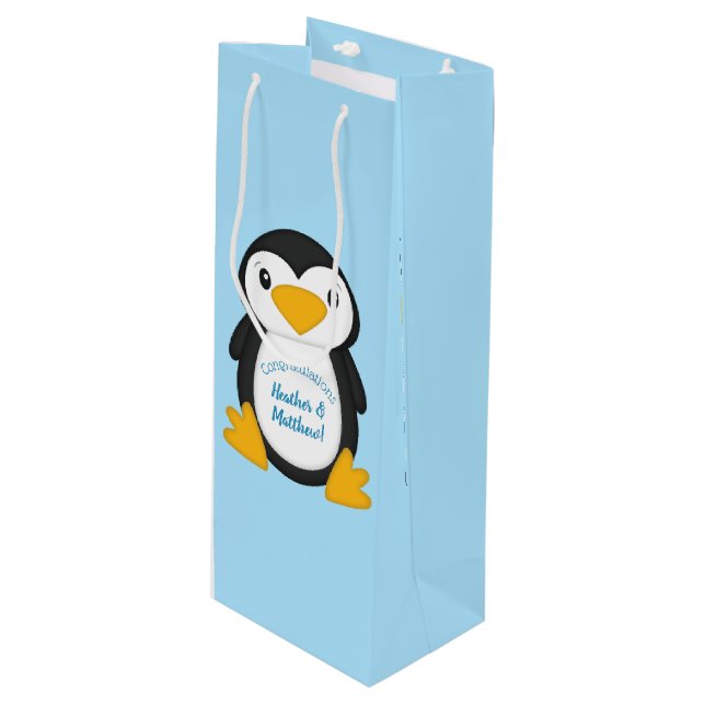 Penguin Baby Shower Blue Wine Gift Bag (Front Angled)