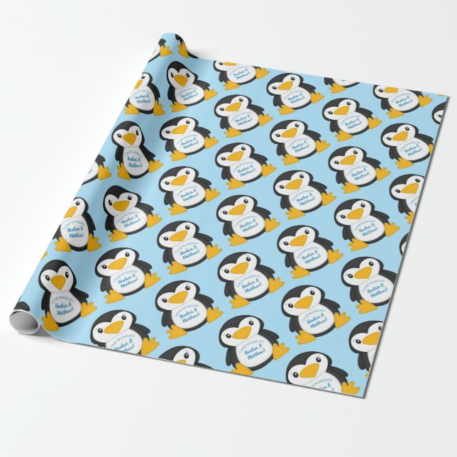 Penguin Baby Shower Blue Wrapping Paper (Unrolled)