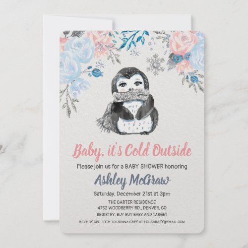 Penguin Baby Shower Floral Invitation