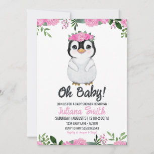Penguin Baby Shower Floral Pink Black Invitation