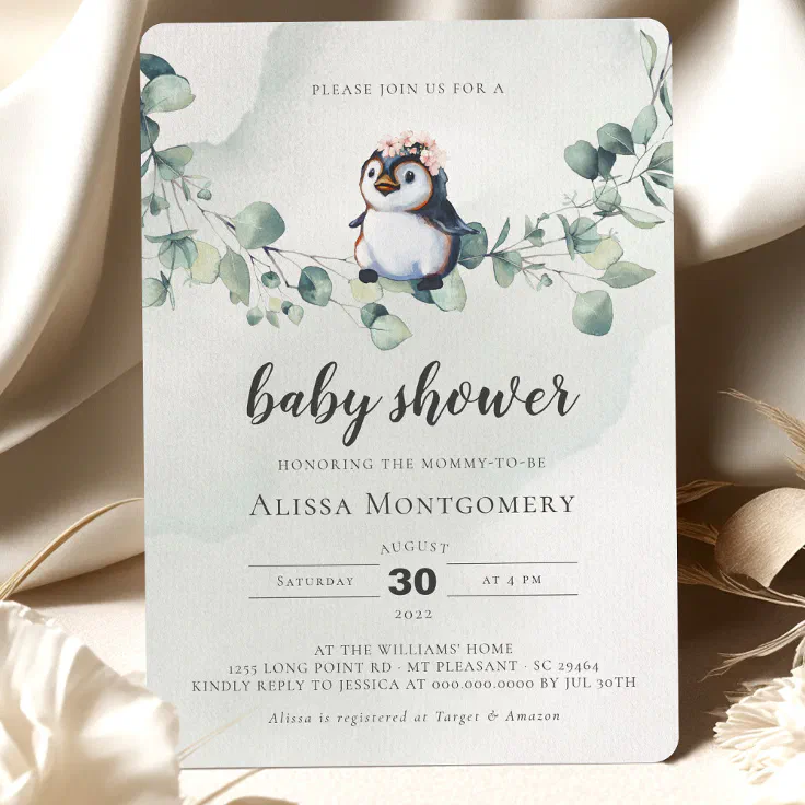 Penguin Baby Shower Girl Invitation Zazzle