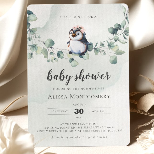 Penguin Baby Shower Girl Invitation