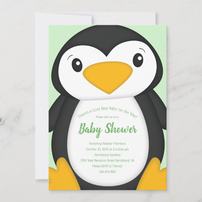 Penguin Baby Shower Green Invitation (Front)