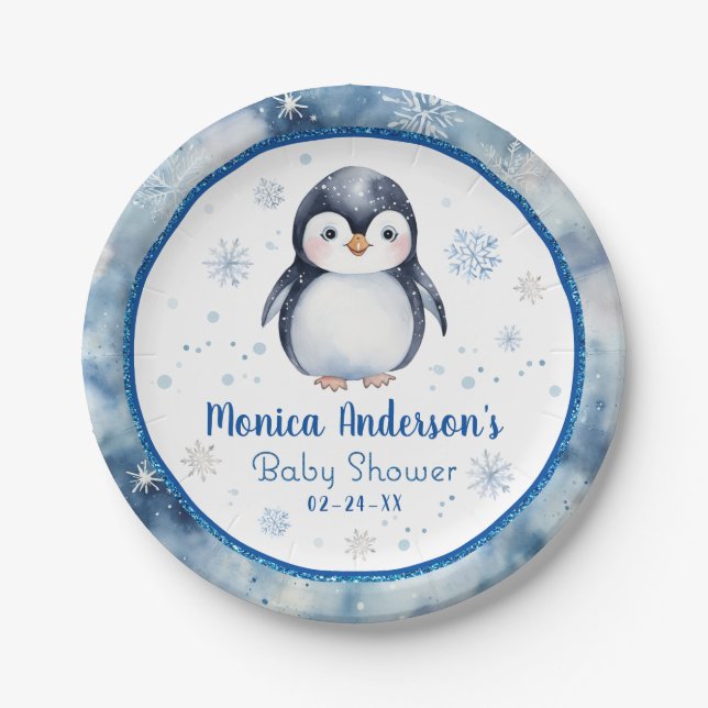 Penguin Baby Shower Paper Plates – Winter (Front)