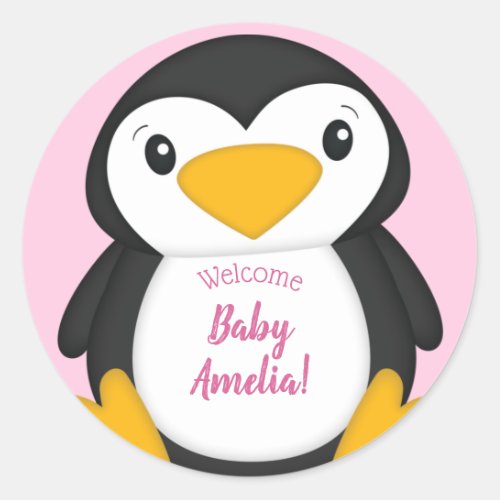 Penguin Baby Shower Pink Classic Round Sticker