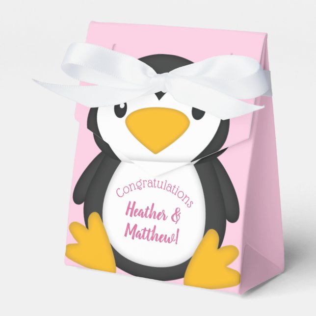 Penguin Baby Shower Pink Favor Boxes (Front Side)