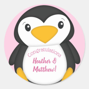 Penguin Baby Shower Pink Girl Classic Round Sticker