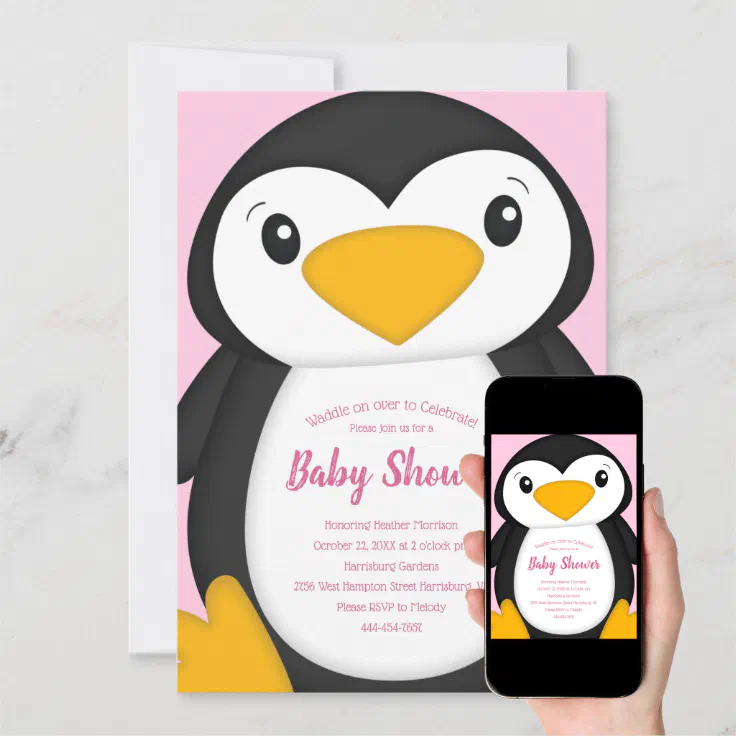 Penguin Baby Shower Pink Invitation Zazzle