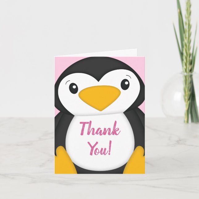 Penguin Baby Shower Pink Thank You Card (Front)