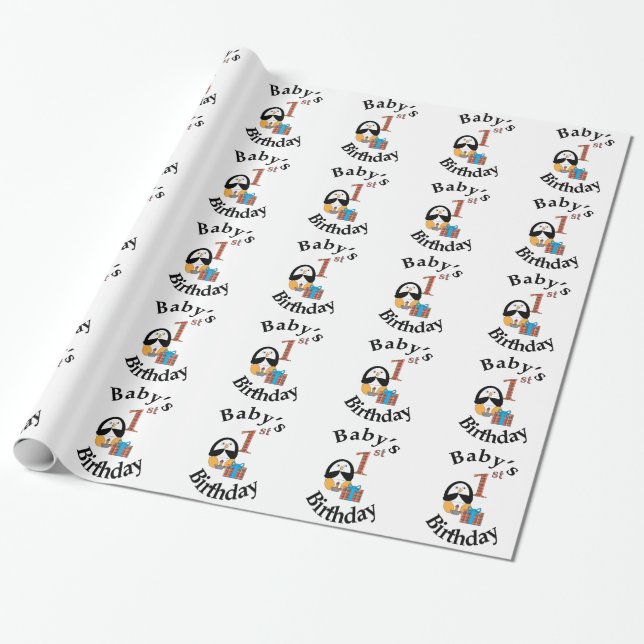 Penguin Baby's 1st Birthday Wrapping Paper (Unrolled)