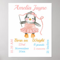 Penguin Ballerina Pink Baby Girl Stats Poster