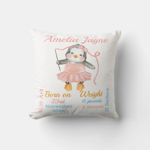 Penguin Ballerina Pink Baby Girl Stats Throw Pillow