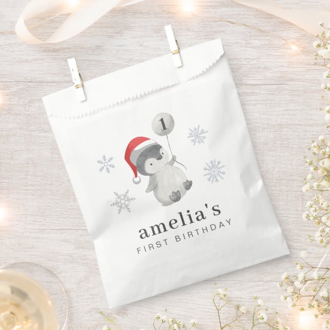 Penguin Balloon 1st Birthday Favor Bag (Clipped)