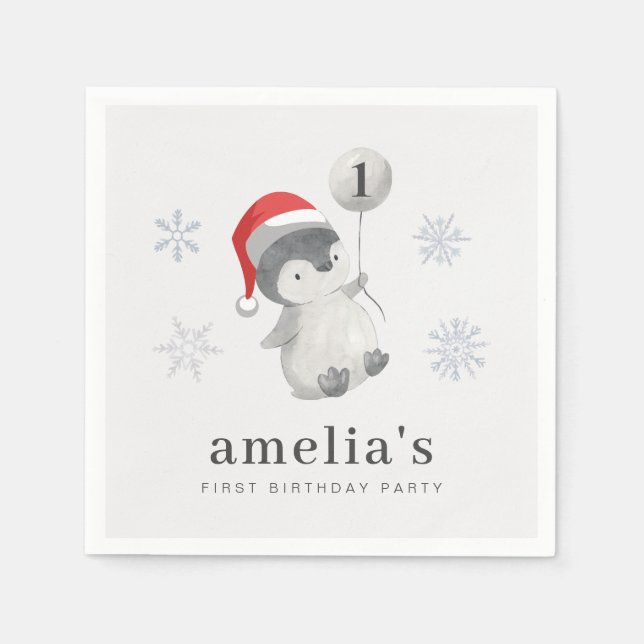 Penguin Balloon 1st Birthday Napkins (Front)