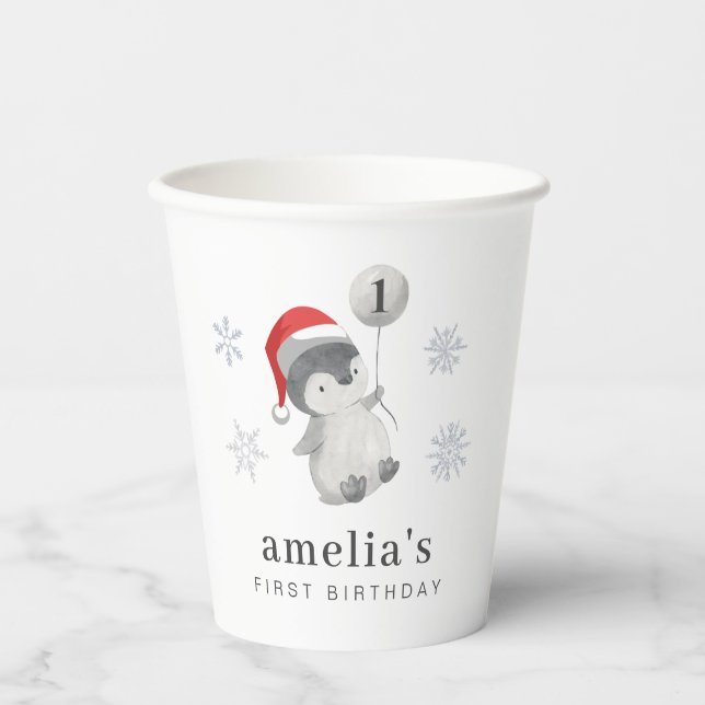 Penguin Balloon 1st Birthday Paper Cups (Front)