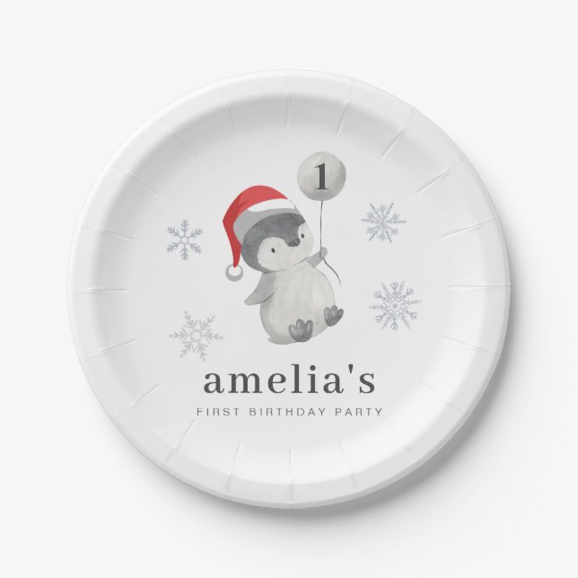 Penguin Balloon 1st Birthday Paper Plates (Front)