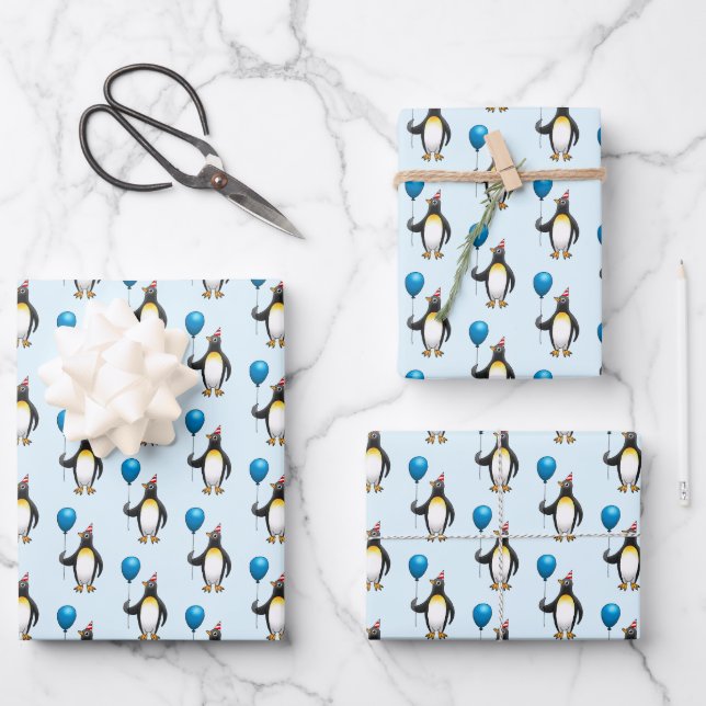 Penguin Balloon Partyhat Wrapping Paper Sheets (Front)
