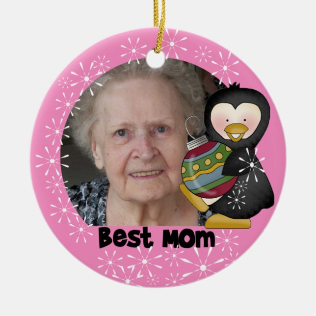 Penguin Best Mom Photo Keepsake Ornament (Front)