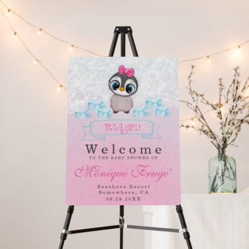 Penguin Big Eyes Girl Baby Shower Welcome Sign