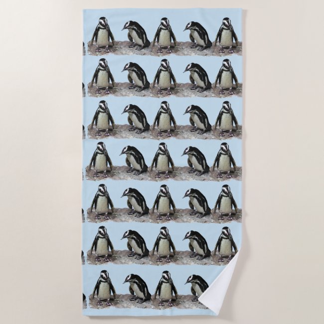 Penguin Birds Blue Beach Towel