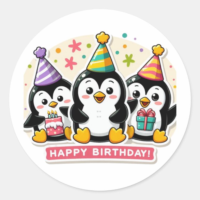 Penguin Birthday Bash Classic Round Sticker (Front)