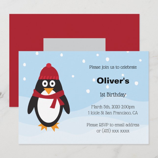 Penguin Birthday Invitation for Winter Birthdays (Front/Back)