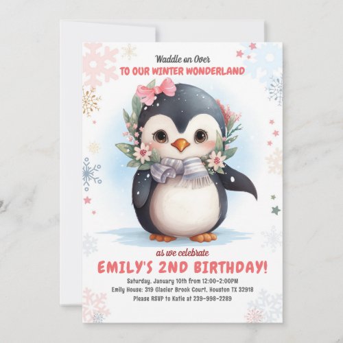 Penguin Birthday Invitation Girl Penguin Birthday 