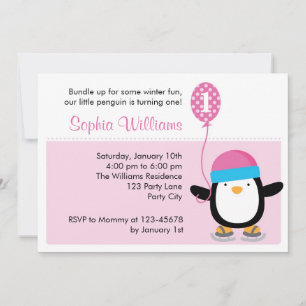 Penguin Birthday Invitation - Girl Pink (Winter)