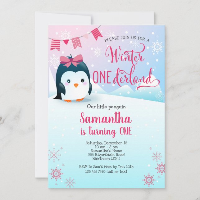 Penguin Birthday Invitation, Winter Onederland Invitation (Front)