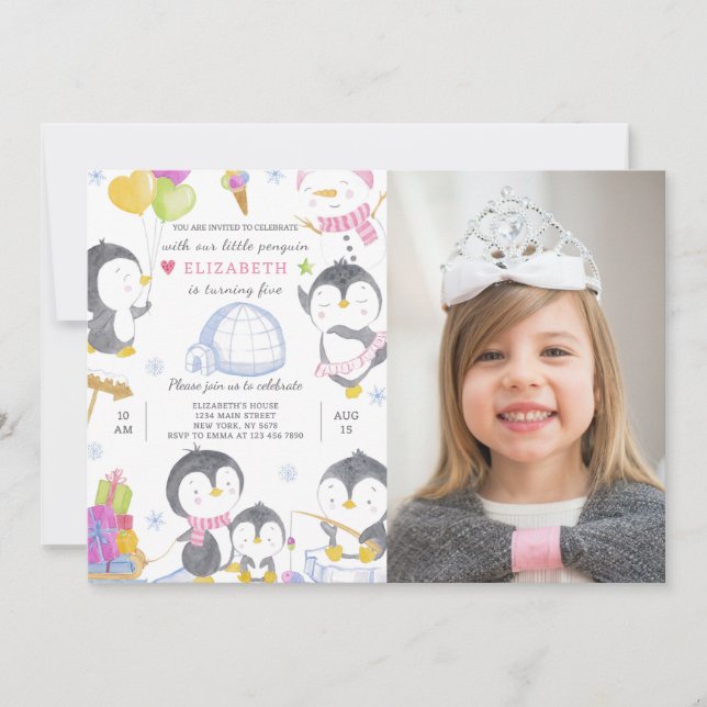 Penguin Birthday Invitation With Photo (Front)