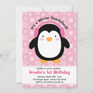 Penguin Birthday Invitations (Pink for Girls)