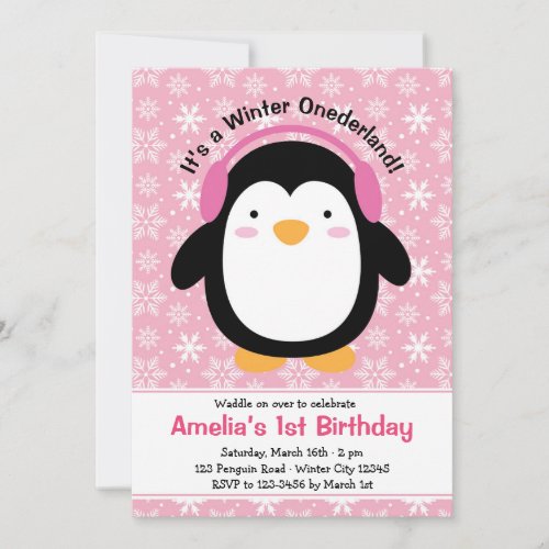 Penguin Birthday Invitations Pink for Girls