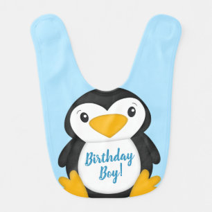 Penguin Birthday Party Blue Baby Bib