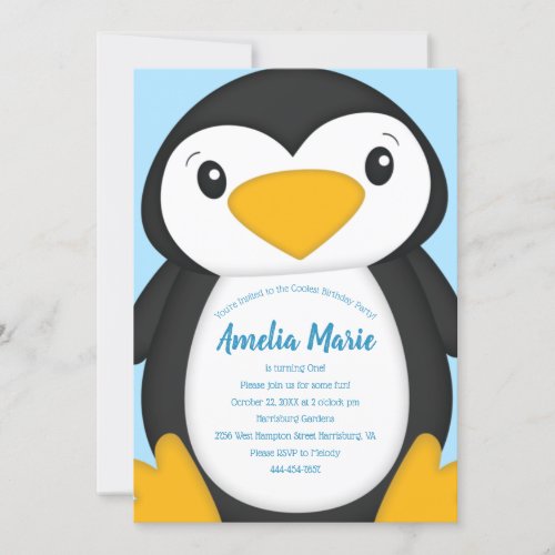 Penguin Birthday Party Blue Invitation