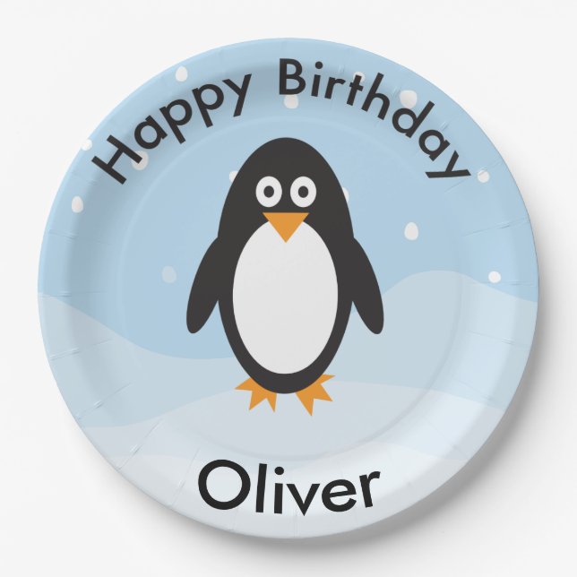 Penguin birthday party plates for winter birthday (Front)