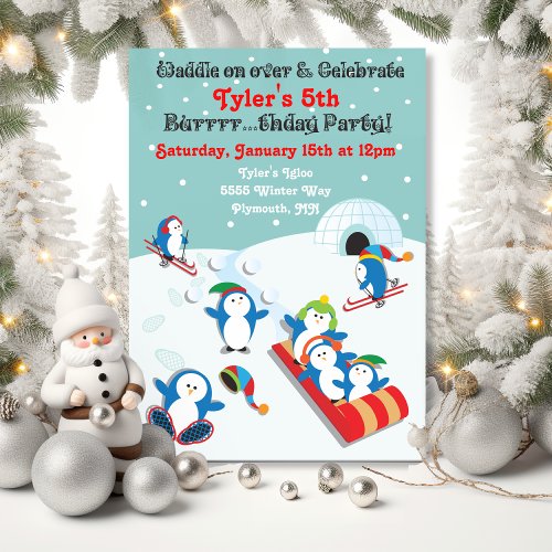 Penguin birthday party winter fun invitation