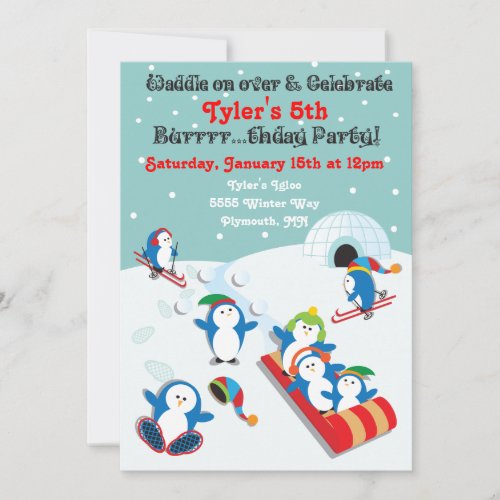 Penguin birthday party winter fun invitation