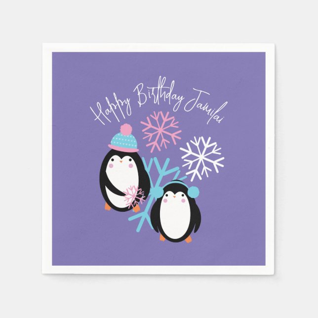 Penguin Birthday Snowflakes Pink Blue Winter Party Napkins (Front)