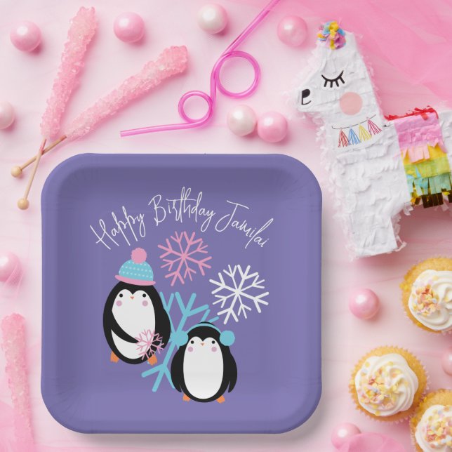 Penguin Birthday Snowflakes Pink Blue Winter Party Paper Plates (Party)